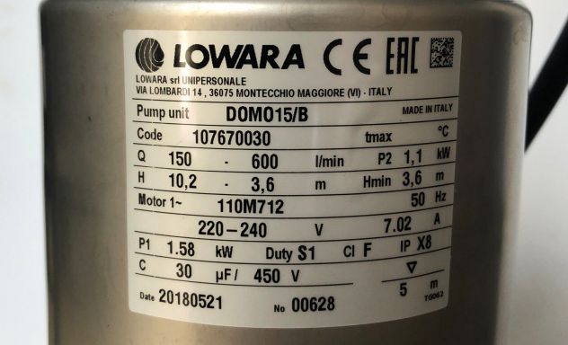 Domo15/B Lowara pompa sommergibile acque cariche liquami V230 LITRI600 min.