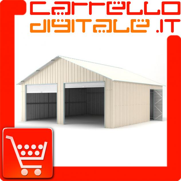 Box prefabbricato, casetta da giardino in lamiera zincata. Capanno ricovero attrezzi o deposito/garage auto in Acciaio 6.64 x 7.21 m x h3.72 m - Peso