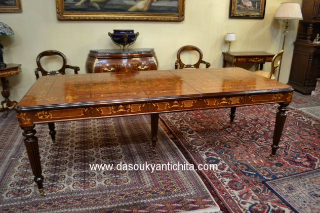 Tavolo da pranzo-riunioni intarsiato stile inglese allungabile fino a 232 cm.