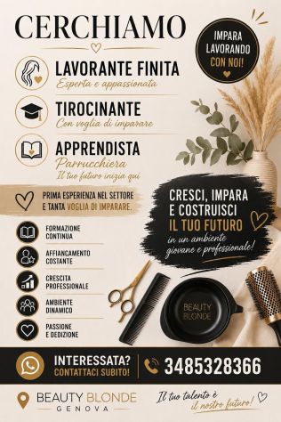 SALONE PARRUCCHIERE CERCA LAVORANTE, APPRENDISTA E/O TIROCINANTE