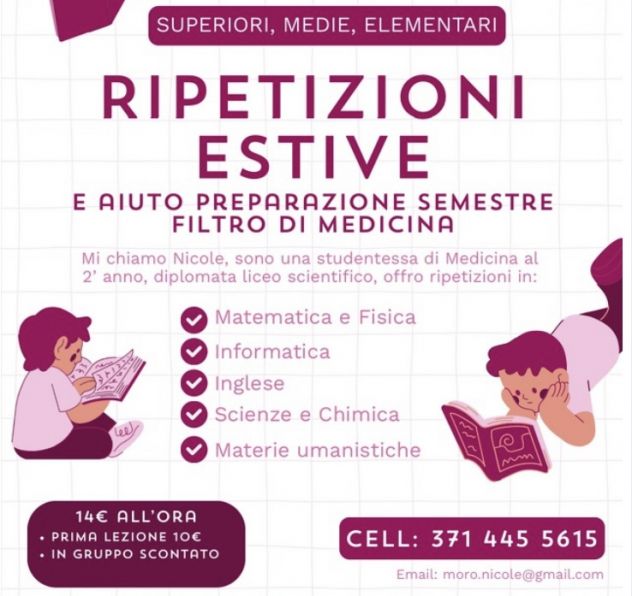 Ripetizioni ragazzi + aiuto preparazione semestre filtro di medicina