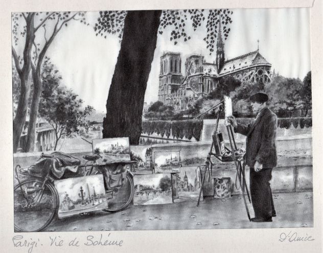Stampa serigrafata su seta Giuseppe Mario D'amico: Parigi, La vie de bohème