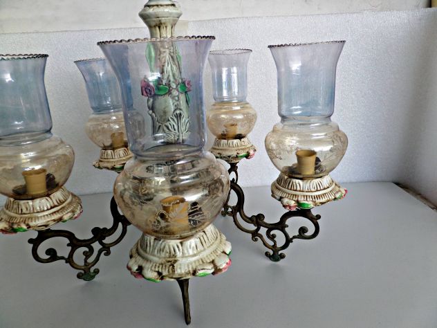 Lampadario d'epoca (anni 60/70) in ceramica, a 5 braccia, con ampolle - Foto 3