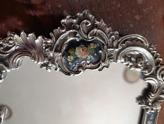 SPECCHIO DA TAVOLO IN BRONZO ARGENTATO 40X26 STILE SETTECENTESCO INIZIO 900 - Foto 3