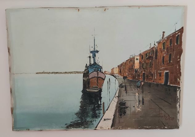 Vecchio dipinto olio su tela fondamenta nuove Venezia cm.50x70 firmato Ferro