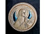 ANTICO MEDAGLIONE DA TAVOLO CON S. TERESA IN METALLO E MICRO-PERLE, 1900.