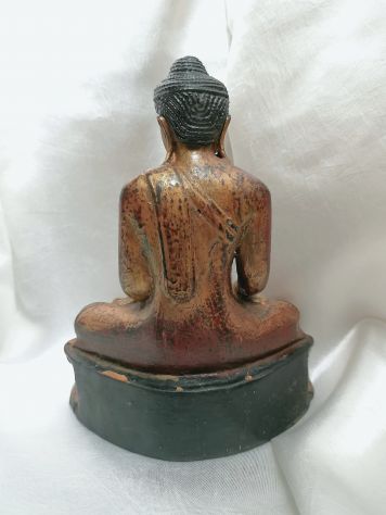 BELLISSIMO ANTICO BUDDHA IN LEGNO LACCATO E DORATO, BIRMANIA, XIX SECOLO. - Foto 5