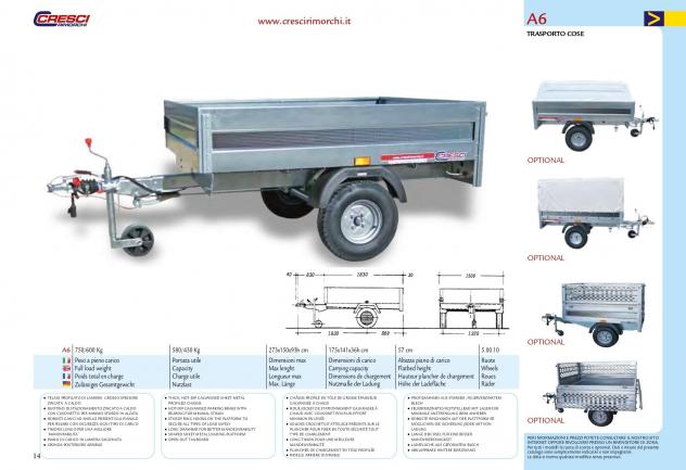Rimorchio Cresci A6 750/600 Kg cm175x141x36H con freni - Foto 2