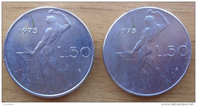 N° 2 MONETE DA 50 LIRE 1975 CON VARIANTE DI CONIO -