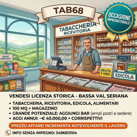 Licenza Tabacchi con Lotto ed Edicola bassa Val Seriana - rif. TAB68