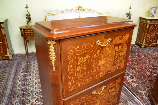 Scarpiera intarsiata stile Napoleone III tre ripiani a ribalta - Foto 4