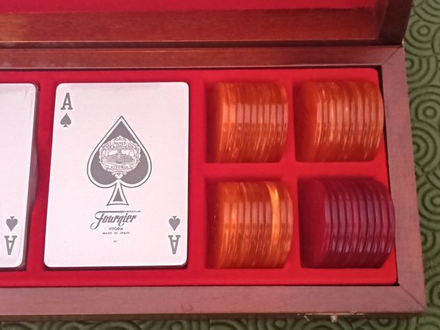 Set poker/bridge scatola vintage in legno con carte nuove e fiches - Foto 4