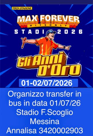 Transfer in bus Max Pezzali 1 e 2 Luglio 2026 Messina