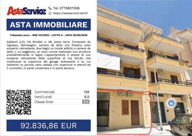 Tribunale Lecce - RGE 141/2018 - LOTTO U - Tribunale Lecce - RGE 141/2018 - LOTTO U - ASTA 29/09/2026