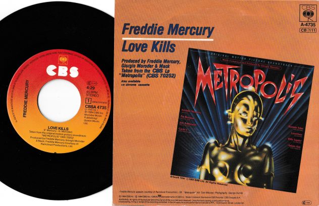 FREDDIE MERCURY (Queen) Love Kills - O.S.T Metropolis 7'' / 45 giri 1984 CBS - Foto 2