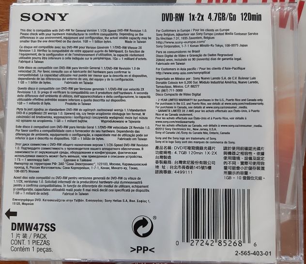 7 Sony DVD-RW nuovi 4.7GB/120min 1X-2X - Foto 2