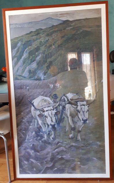 LUIGI GIOLI, OLEOGRAFIA SU TELA FORMATO CM. 85X146  "RITORNO DAI CAMPI". - Foto 6