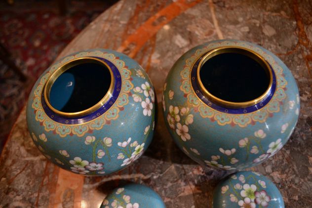 Coppia di vasi potiche con coperchio cinesi azzurri metà XX secolo - Foto 5