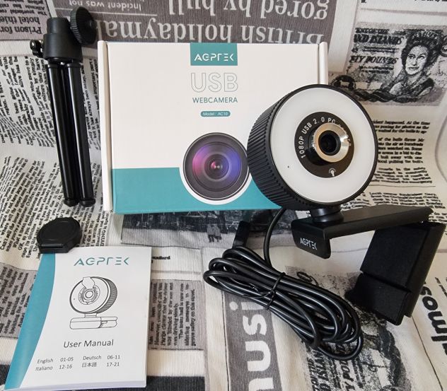 Agptek Webcam 1080P con Luce ad Anello 3 Colori, microfono, treppiede regolabile - Foto 4