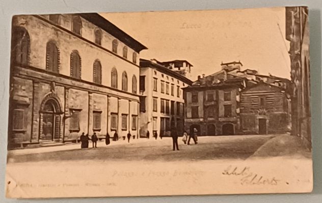 Cartolina d'epoca 1908 "viaggiata" che mostra Piazza Bernardini a Lucca.