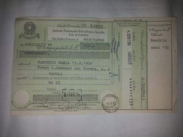assegni postali INPS emessi a Napoli  1970-1973 - Foto 2