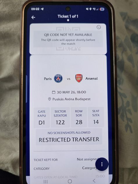 BIGLIETTO TICKET CAT. 1 FINALE CHAMPIONS LEAGUE ARSENAL - PSG