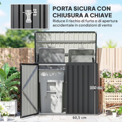 Casetta per Spazzatura Esterna 1.1m in Acciaio Zincato con 2 Porte Bloccabili - Foto 7