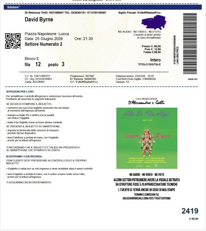 Vendo biglietto concerto di David Byrne - Lucca 25 giugno