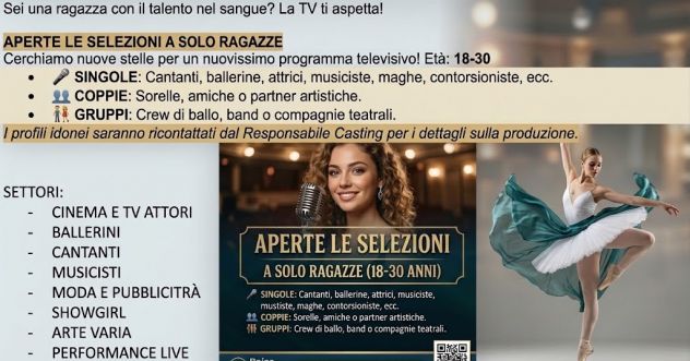 Casting TV: Selezioni aperte per nuove artiste (18-30 anni)