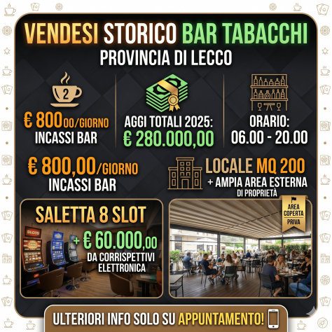 Storico bar tabacchi zona centrale del paese aggi 280.000,00 - rif. BAR549