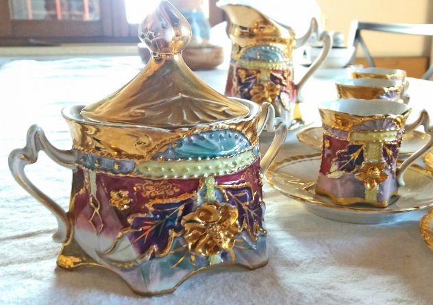 1920 ca.-Servizio Caffè per 8 in porcellana con rilievi+oro zecchino e lustri - Foto 9