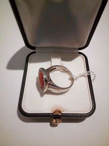 Anello ak384, Argento 925 rodiato, Corallo, Zirconia cubica, misura 16 - Foto 2