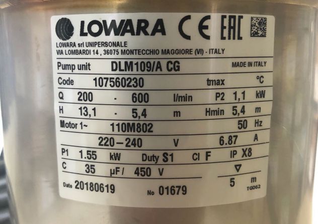 DLM109/A CG LOWARA Elettropompe sommergibili per acque reflue V230 - 600LTmin - Foto 2