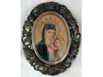 ANTICA SPILLA IN ARGENTO CON MINIATURA SFONDO ORO MADONNA CON BAMBINO, 1800.