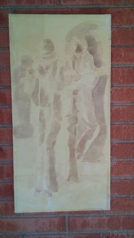 QUADRO DIPINTO FRANCO MATERA del 1978 30x60 tecnica mista "Musicisti di strada"