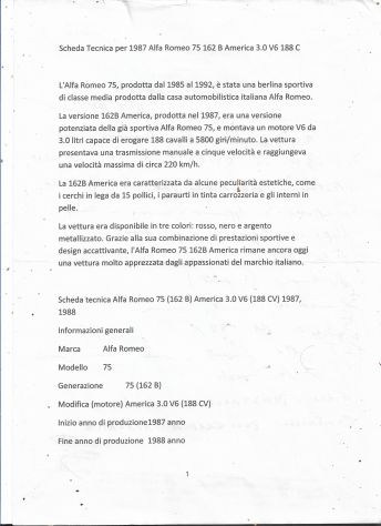 SCHEDA TECNICA PER 1987 ALFA ROMEO 75 162 B AMERICA