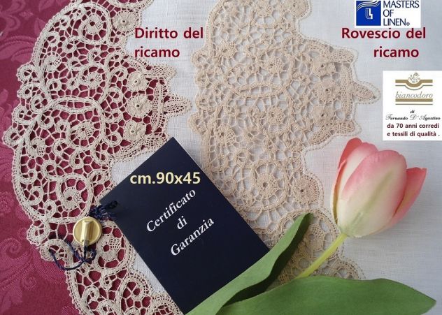 CENTRO OVALE RICAMO A MANO LINO PIZZO CANTU' AVORIO cm. 90 x 45 - Foto 5