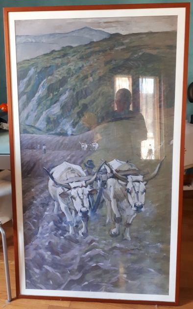 LUIGI GIOLI, OLEOGRAFIA SU TELA FORMATO CM. 85X146  "RITORNO DAI CAMPI". - Foto 4