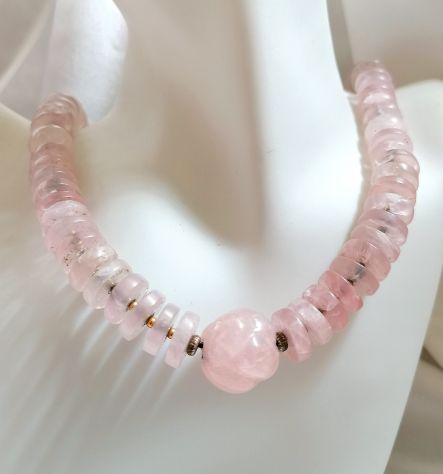 IMPORTANTE BELLISSIMA COLLANA A RONDELLE E BOULLES IN QUARZO ROSA E ARGENTO. - Foto 5