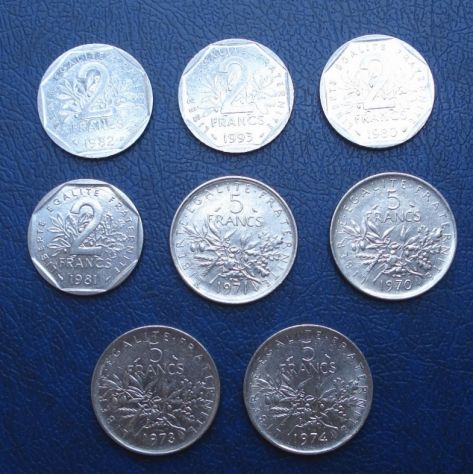 Lotto293 - francia n. 8 monete da 2 e 5 francs vedi foto e descrizione