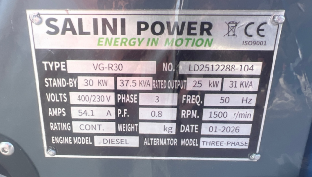 Nuovo Gruppo elettrogeno Salini VG-R30 Generator Set (Unused) s/n: LD2512288104 - Foto 5