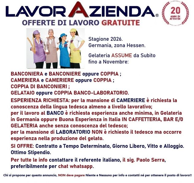 Camerieri, Banconieri, Gelataio e Coppie di Gelateria