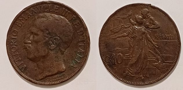 VITTORIO EMANUELE III°, 10 CENTESIMI 1911, MONETA RAME, CINQUANTENARIO.