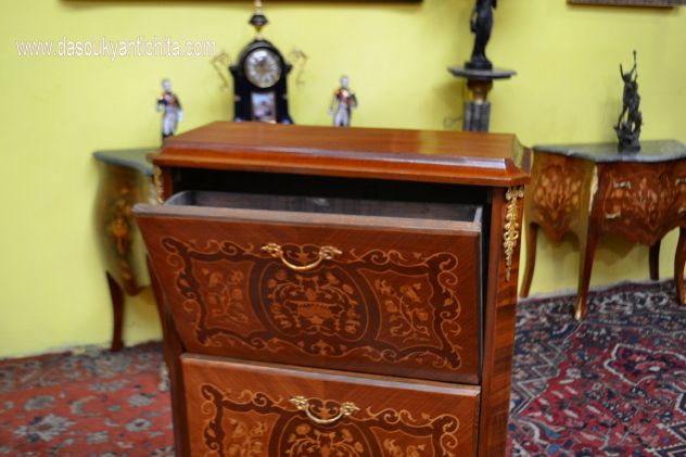 Scarpiera intarsiata stile Napoleone III tre ripiani a ribalta - Foto 2