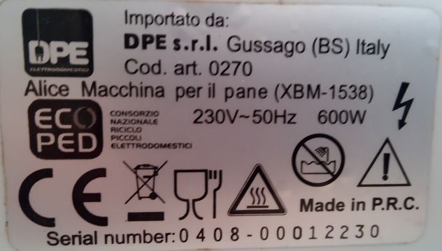 Macchina del pane ALICE DPE XBM-1538 da cambiare resistenza O per ricambi. - Foto 2