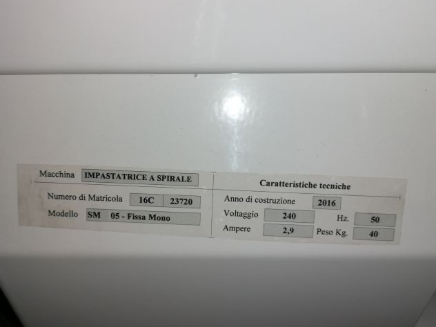 Impastatrice a spirale testa fissa monofase 220V 1 velocita'