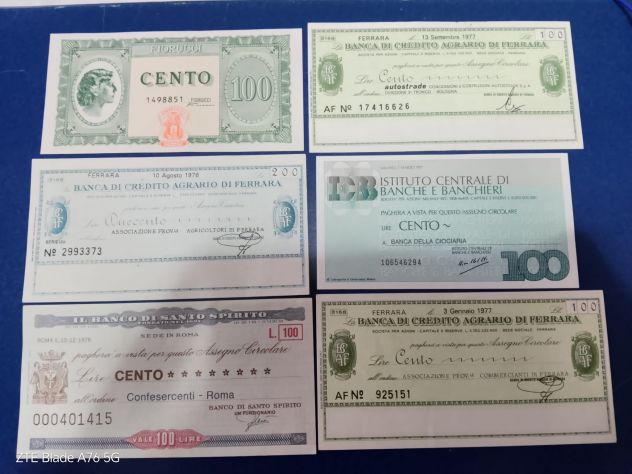 5 miniassegni - italia 1970 + 1 buono fiorucci da lire 100