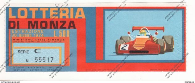 BIGLIETTO DELLA LOTTERIA DI MONZA DEL 1974 - SENZA TAGLIANDO -