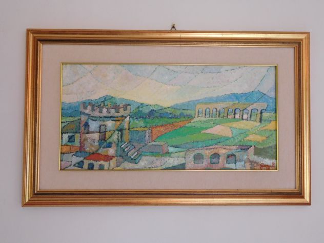 Quadro Olio su tela di Mario Cosimo Fanuli con acquedotto romano - Foto 3