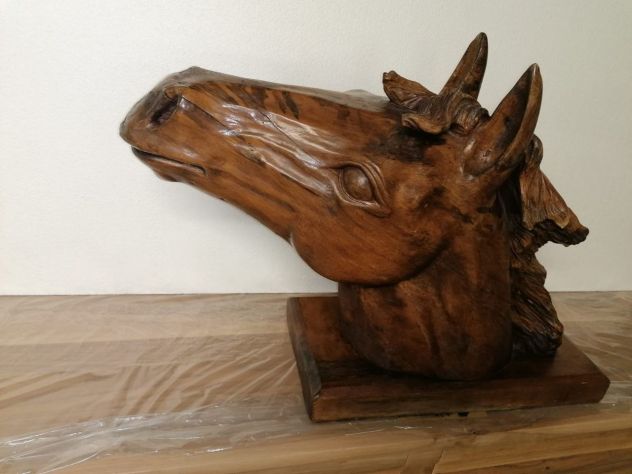Scultura in legno testa di cavallo - su unico pezzo - Foto 5